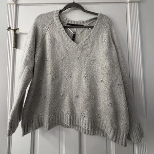 Kensie Light Gray V-Neck Sweater with Embellishments